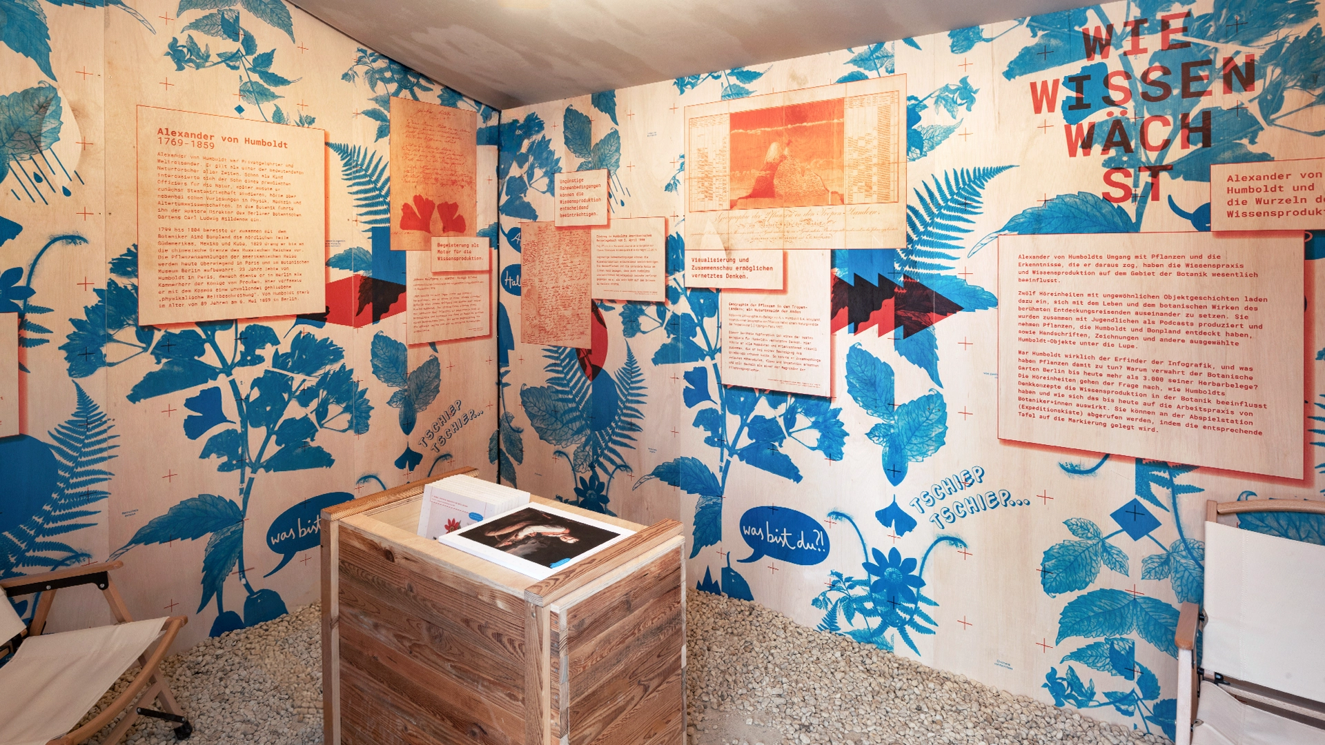 Raumansicht der Ausstellung ,Wie Wissen wächst. Alexander von Humboldt und die Wurzeln der Wissensproduktion' im Botanischen Garten Berlin, Studio Neue Museen